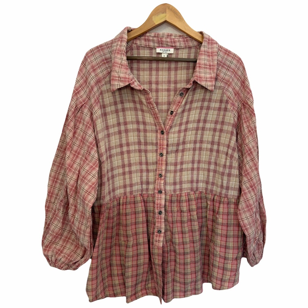 Andrée by Unit 2X Boho Plaid Flannel Babydoll Top Pink Cottagecore Peplum